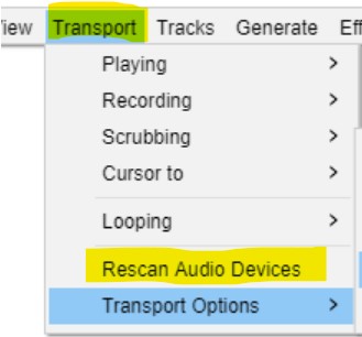 Audacity cant detect audio device